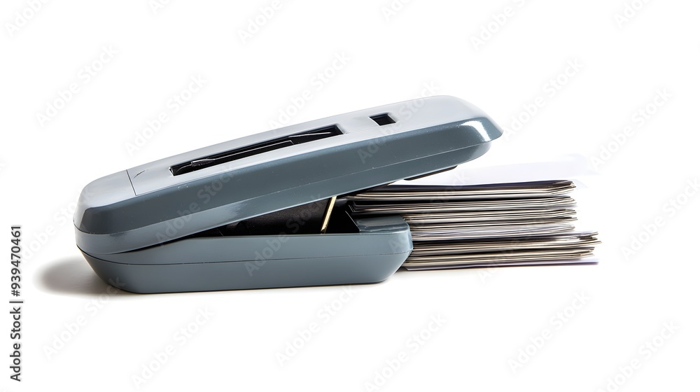 Poster closeup of a stapler and stack of metal staples on a plain white background with ample empty space a