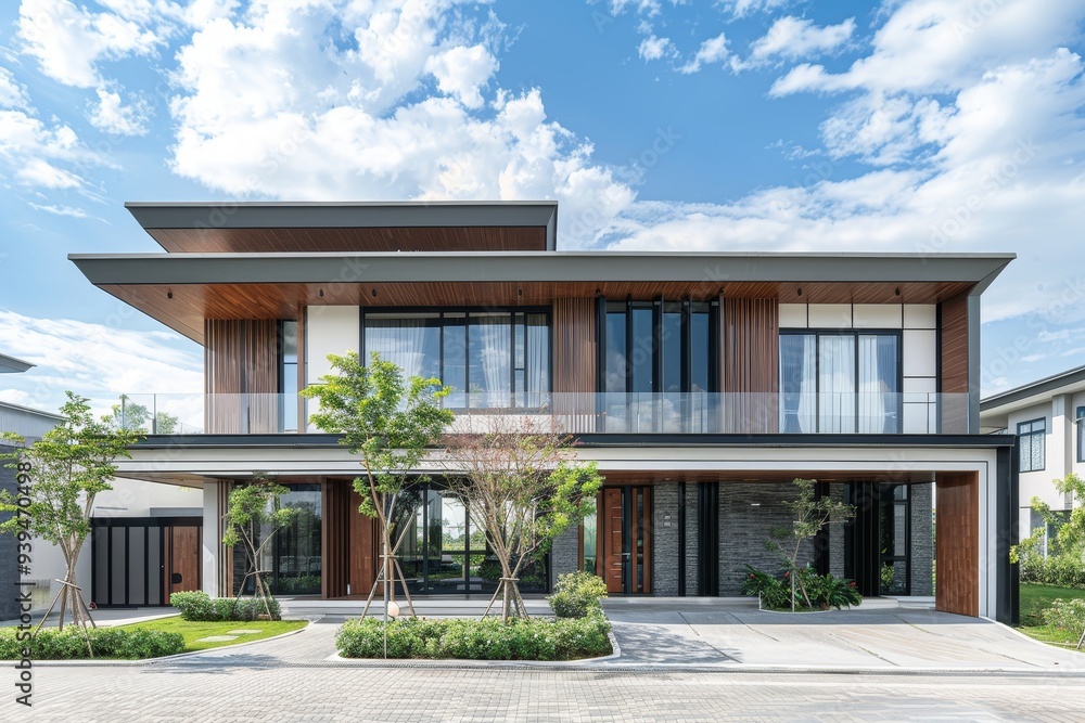 Canvas Prints A modern two-story home featuring a flat roof and large windows, complemented by a landscaped front yard and clear blue sky above.