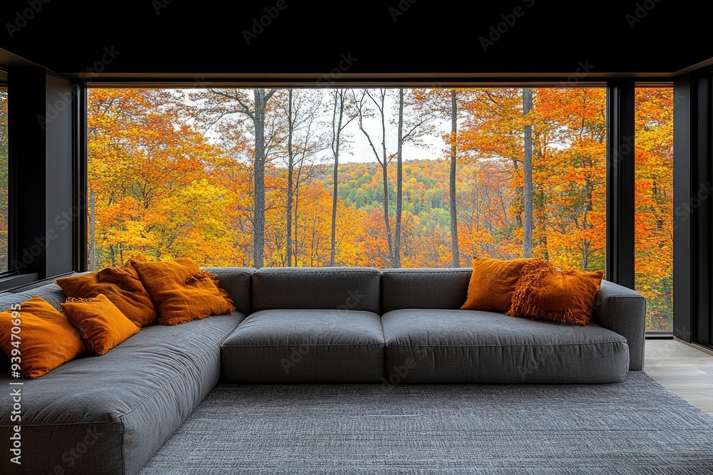 Poster grey couch facing window with view of autumn forest