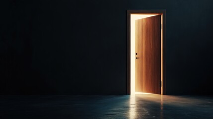 An open wooden door with light streaming into an empty room, new opportunities, fresh beginnings, new ideas, positive change, potential.