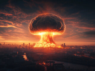  a large mushroom cloud rising above a cityscape during sunset.