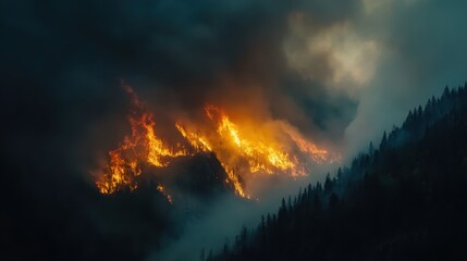 Fototapeta premium A dramatic scene of a forest fire engulfing mountains, with smoke and flames visible.