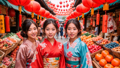 Naklejka premium Happy Chinese children in traditional clothes are at the Chinese bazaar