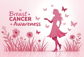 Fototapeta premium Breast Cancer Awareness Month poster design with a silhouette of a woman's head and flowers.