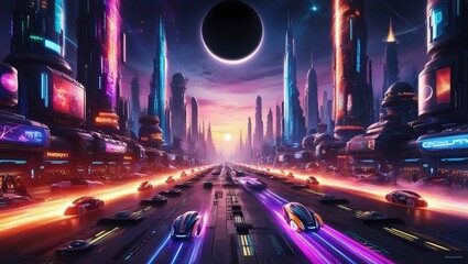 A futuristic city at night, with glowing neon signs and hovering vehicles, under a sky full of stars and distant planets.