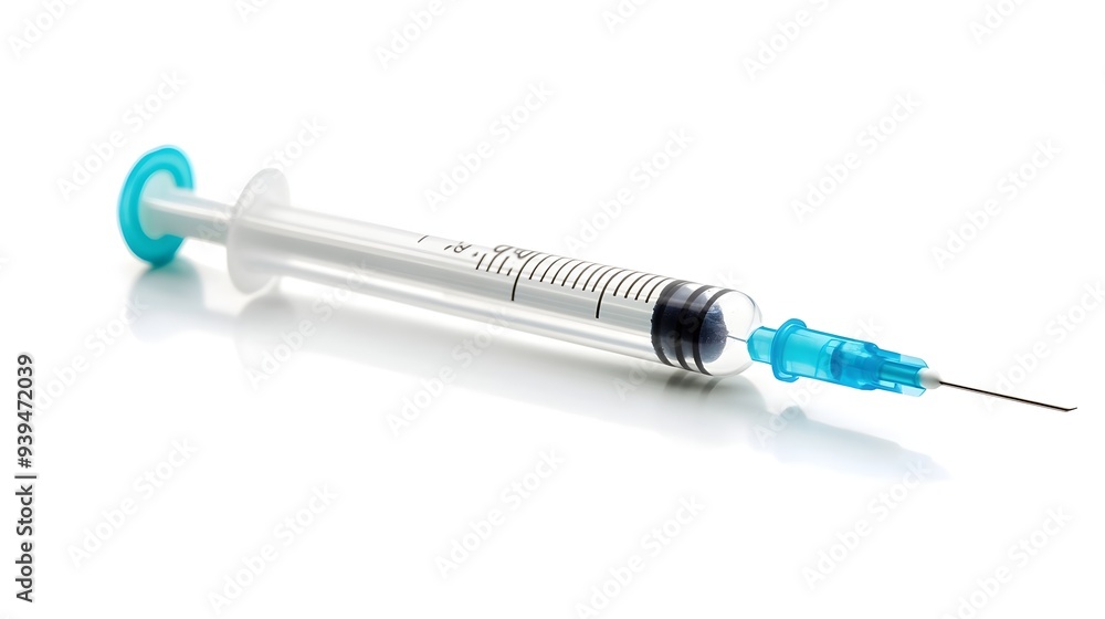 Poster close up of a syringe filled with liquid isolated on a plain white background conceptual image for m