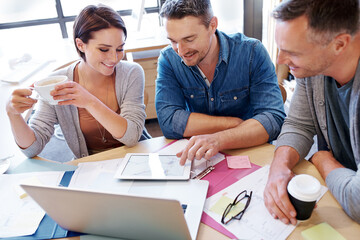 Tablet, architecture blueprint and people in meeting for planning, ideas and engineering design....