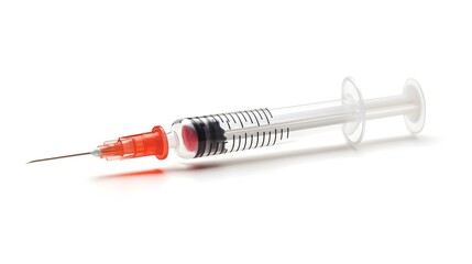 Fototapeta premium Transparent medical syringe filled with liquid isolated on a clean white background with space for text overlay or medical related messaging
