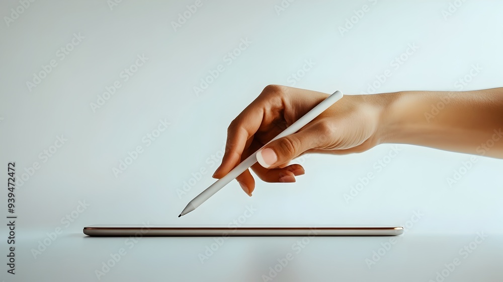 Poster closeup of a hand holding a digital stylus hovering over a tablet display with a blank white backgro