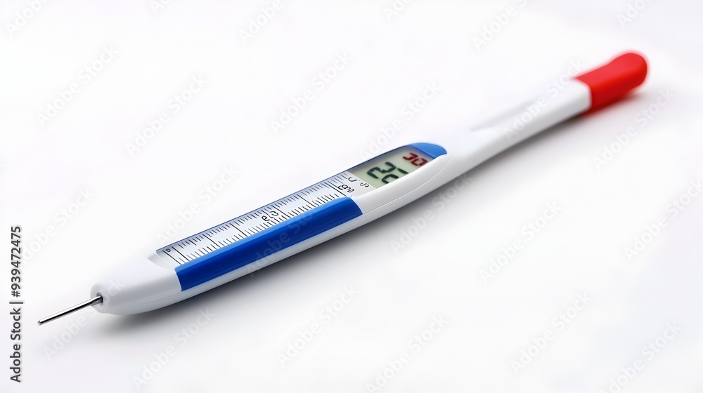 Poster close up photograph of a digital thermometer displaying a temperature reading isolated on a plain wh