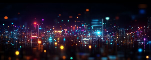 Obraz premium Vibrant city lights at night, showcasing a stunning skyline with colorful illumination and a sense of urban excitement.