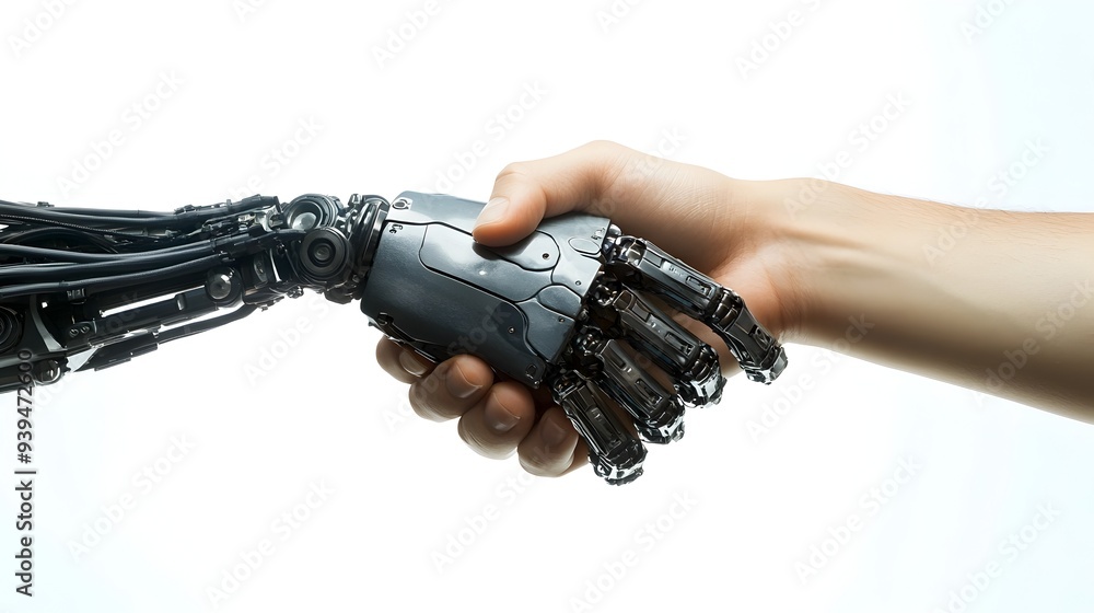 Poster robotic and human hands shaking in a symbolic gesture of technological future between machines and p