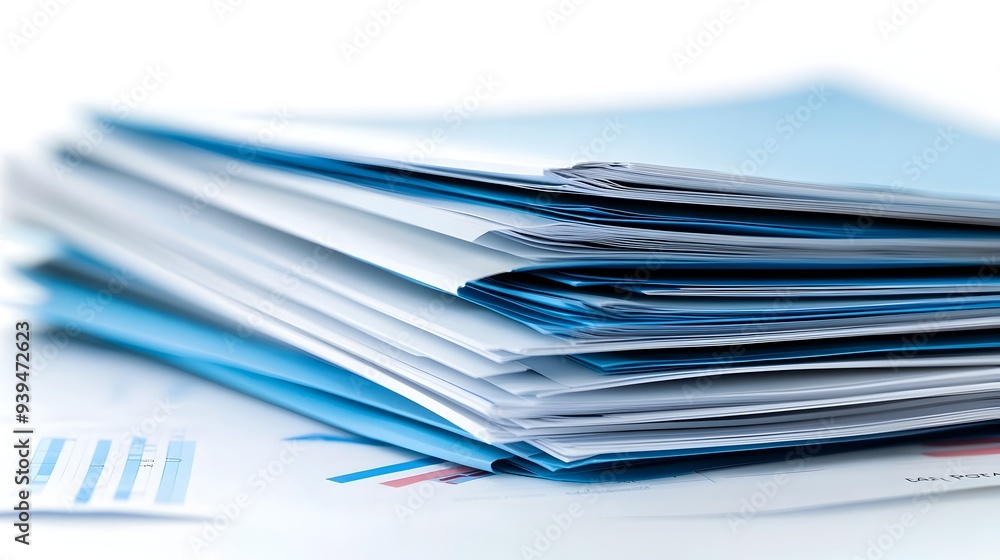 Poster detailed stack of business reports financial documents and analytical charts and graphs isolated on 