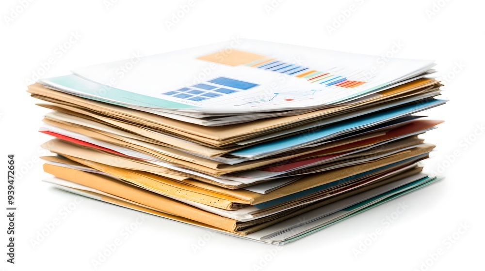 Poster a stack of neatly organized business reports featuring an array of charts graphs and other data visu