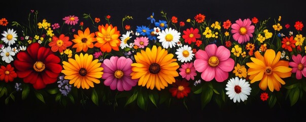 Vibrant floral design featuring assorted flowers in various colors against a dark background, perfect for decoration.