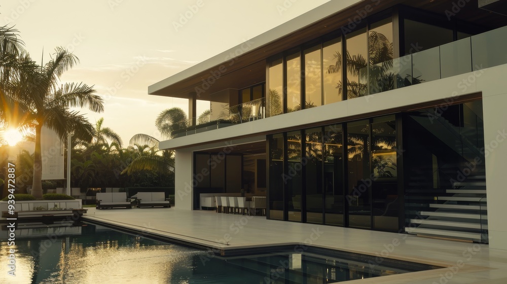 Canvas Prints A striking modern villa featuring a large pool and expansive floor-to-ceiling windows, with a beautiful sunset reflecting off the villa among palm trees.