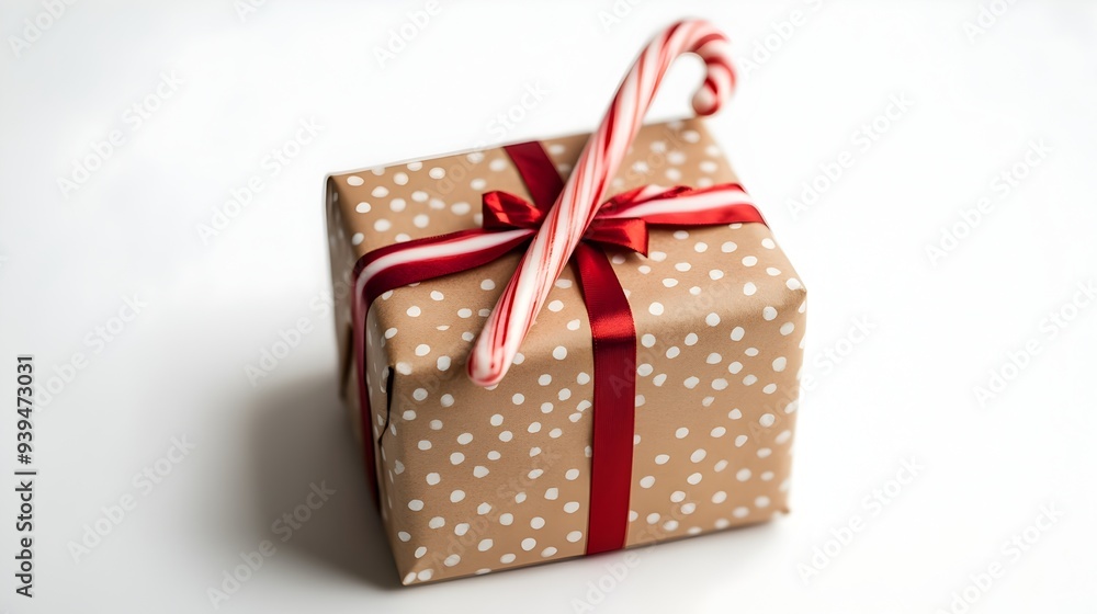 Poster wrapped christmas present with a candy cane on top isolated on a simple white background creating a 