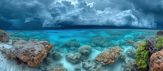 Underwater View of a Coral Reef with Dark Clouds Above