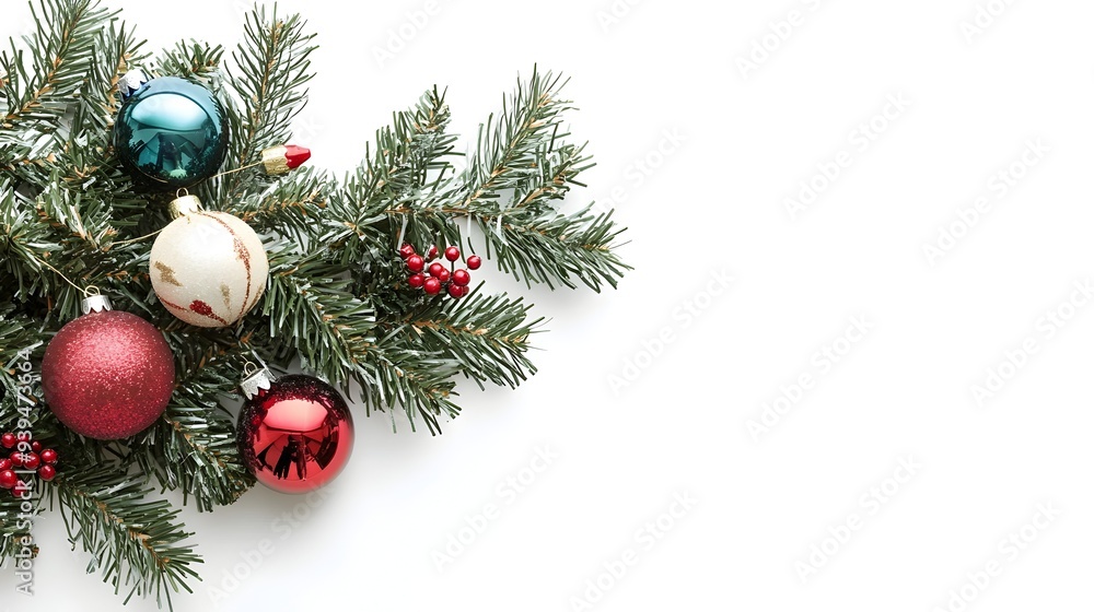 Poster elegantly decorated christmas tree branch with ornaments and tinsel isolated on a pristine white bac