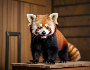 Obraz premium A red panda sits playfully on a wooden floor, surrounded by indoor plants in a cozy, sunlit room