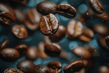 Fototapeta premium Roasted coffee beans falling down against a blue background with bokeh