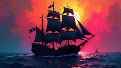 Naklejka premium Masterpiece Neon Splash Art of a Pirate Ship with Black Sails and Jolly Roger Flag