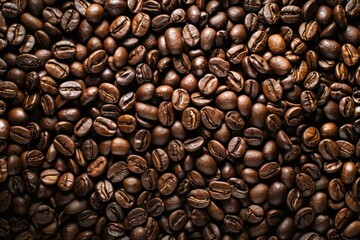 Fototapeta premium Aromatic roasted coffee beans creating a captivating background, perfect for coffee themed designs