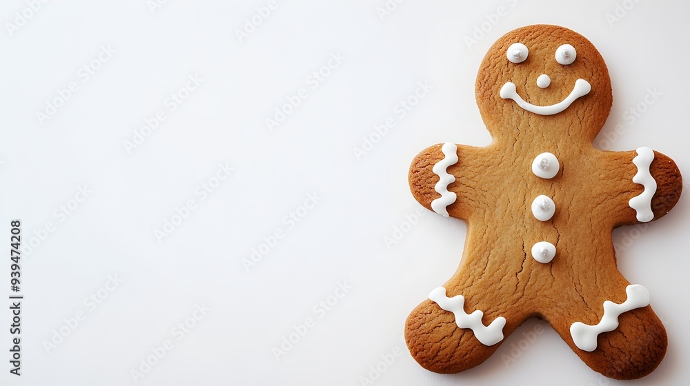 Poster Mouth watering Gingerbread Man Cookie Decorated with Intricate Icing Isolated on a Clean White Background with Ample Copy Space for Text or Design Elements