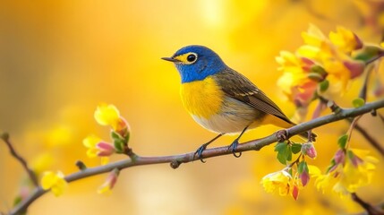 Fototapeta premium Bluethroat on nature yellow.
