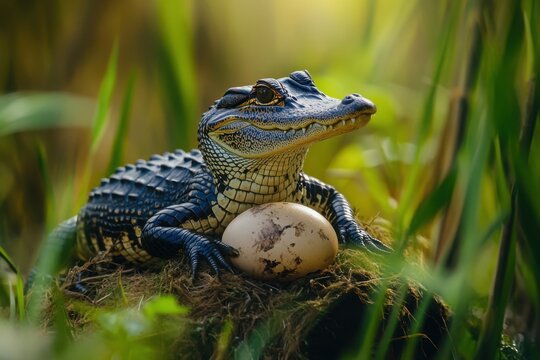 Baby alligator guarding egg in the wild