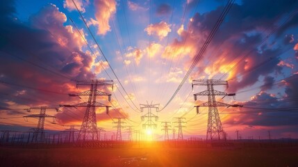 Stunning panoramic view of high voltage transmission lines against a vibrant sunset landscape