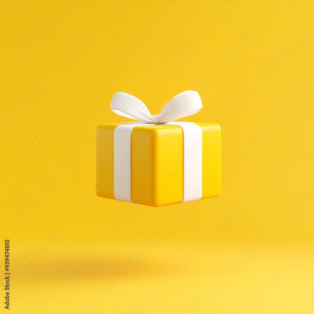 Aufkleber a 3d single icon of a bright yellow present with a white bow floating in a minimalistic space perfec