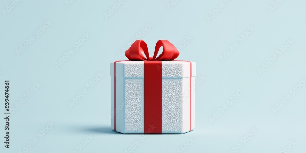Poster a 3d single icon of a hexagonal gift box with a bold red ribbon placed in a minimal setting with sof