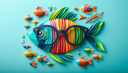 Obraz premium Colorful paper fish with stylish glasses