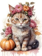 watercolor vintage style cute but spooky pink halloween cat with pumpkins  flowers