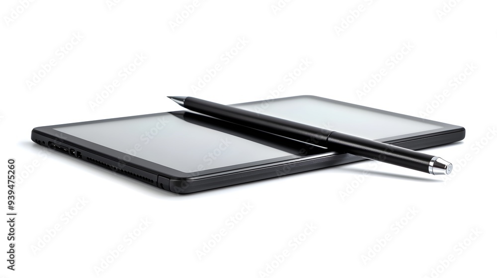 Poster sleek digital tablet device with stylus pen lying on a plain white background showcasing technology 