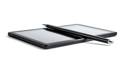Sleek digital tablet device with stylus pen lying on a plain white background showcasing technology and business tools for digital design online communication and workspace productivity