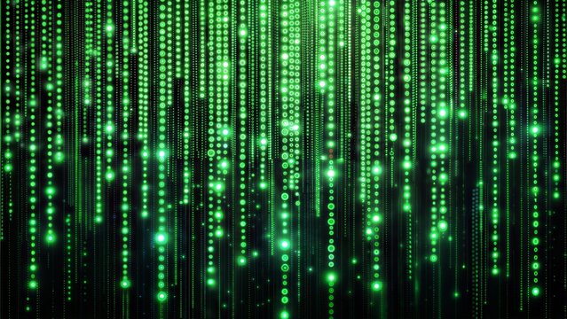 Green binary code rain, glowing digital data stream, Matrix-inspired abstract background - Powered by Adobe