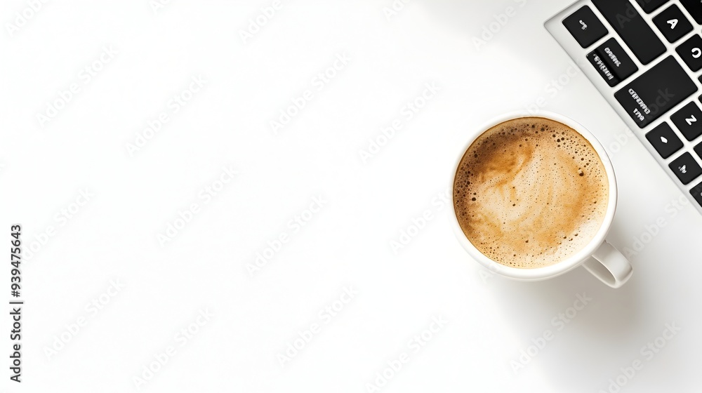 Poster closeup view of a coffee cup and laptop computer on a minimalist white desk with empty space for a b