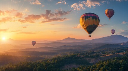 Naklejka premium Scenic Landscape at Sunrise with Colorful Hot Air Balloons Flying
