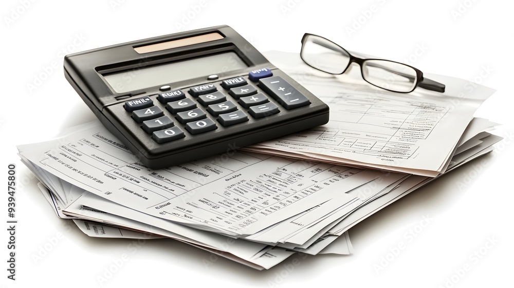 Poster closeup of a calculator and various financial documents including invoices receipts and spreadsheets