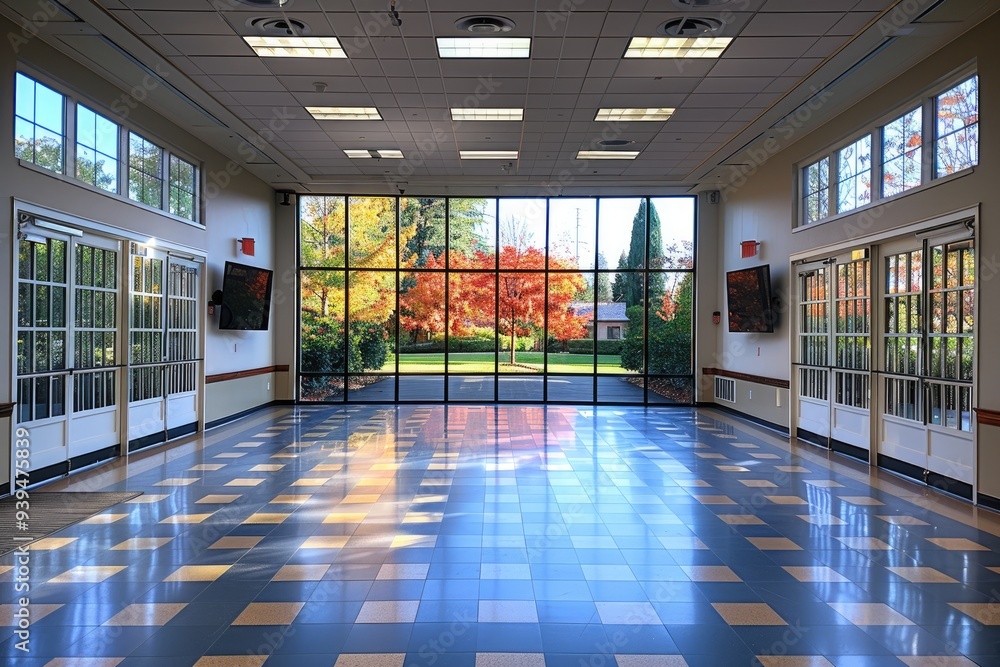 Poster reflective floor with window view of fall foliage