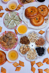 Meal with traditional Kyrgyz dishes served in the yurt. Local food in Kyrgyzstan.