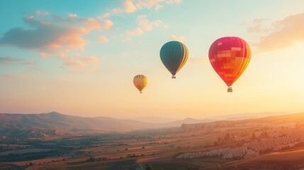 Obraz premium Scenic Landscape at Sunrise with Colorful Hot Air Balloons Flying