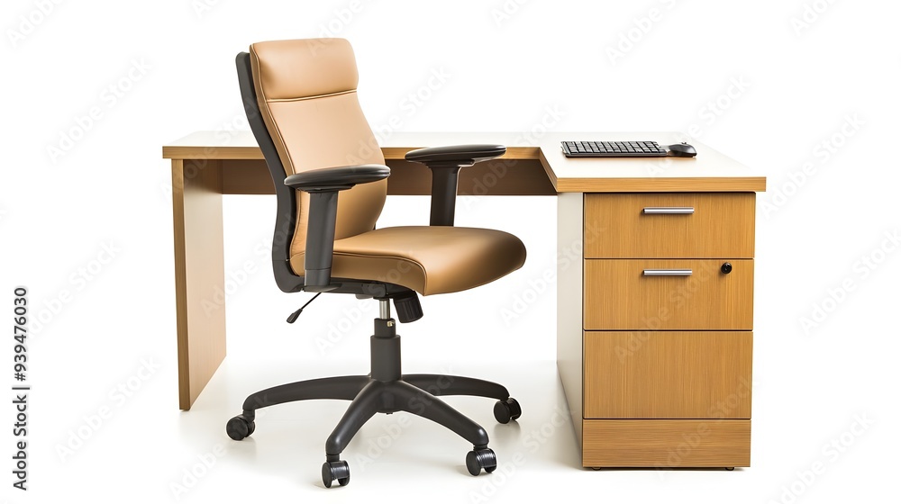 Poster photograph of a modern minimalist office chair and desk setup isolated on a clean white background w