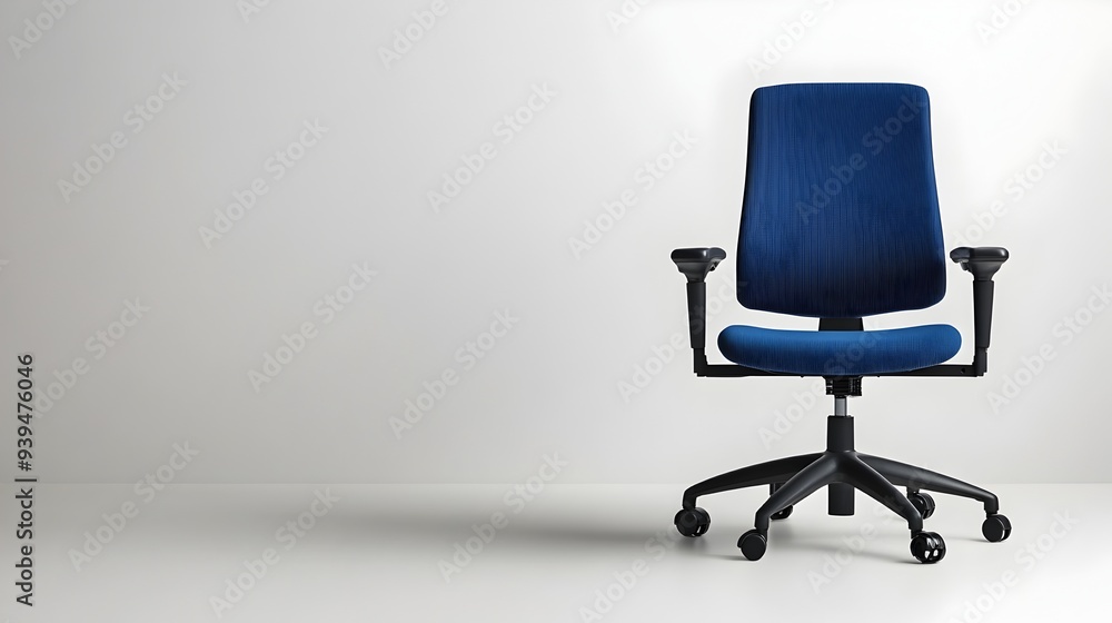 Poster minimalist office chair and desk setup isolated on a clean white background with space for text abou