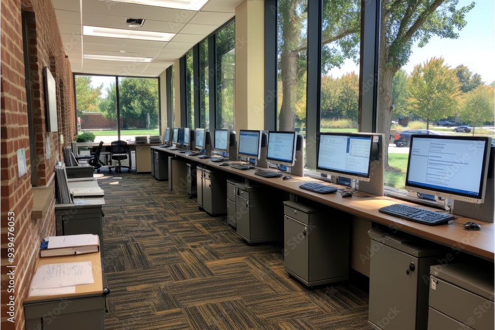 Poster row of computers in a modern office space with large windows and brick wall