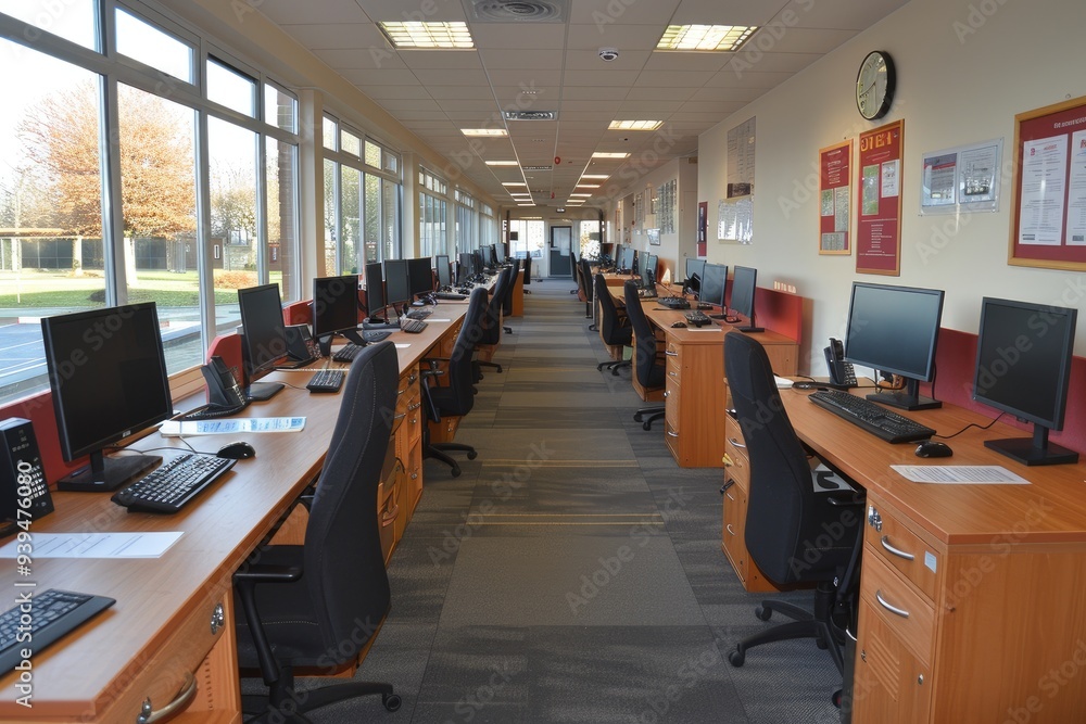 Poster row of desks and computers in an office corridor