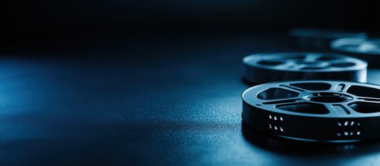 A flat lay of vintage movie reels arranged on a dark blue surface, evoking nostalgia and cinematic history. Ideal for film-related concepts.