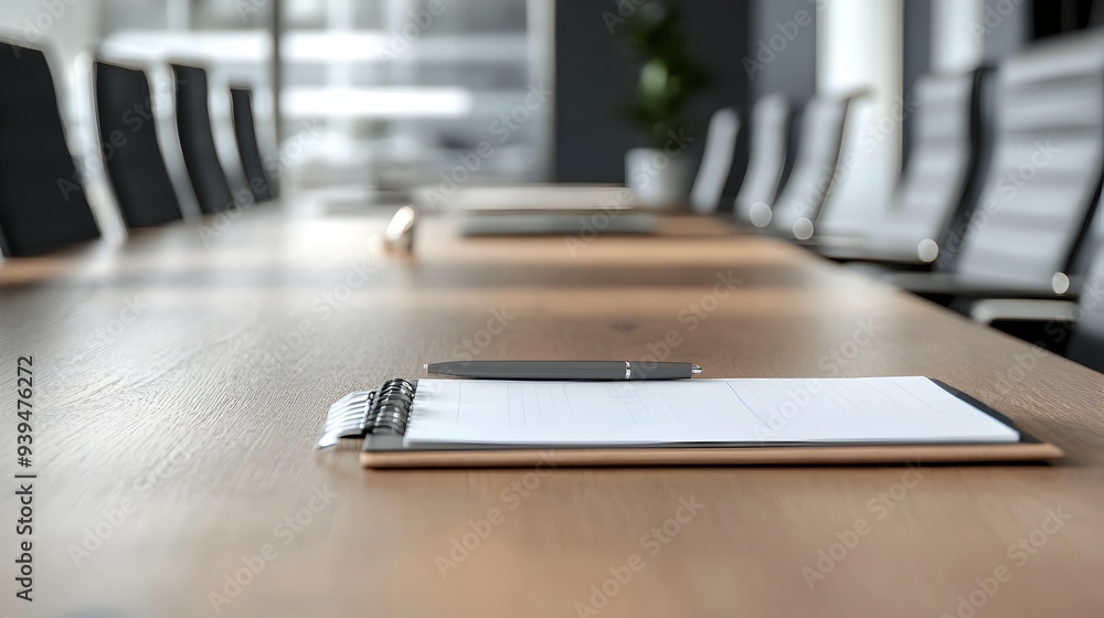 Poster minimalist and organized conference table setup with a notepad and pen isolated on a clean white bac